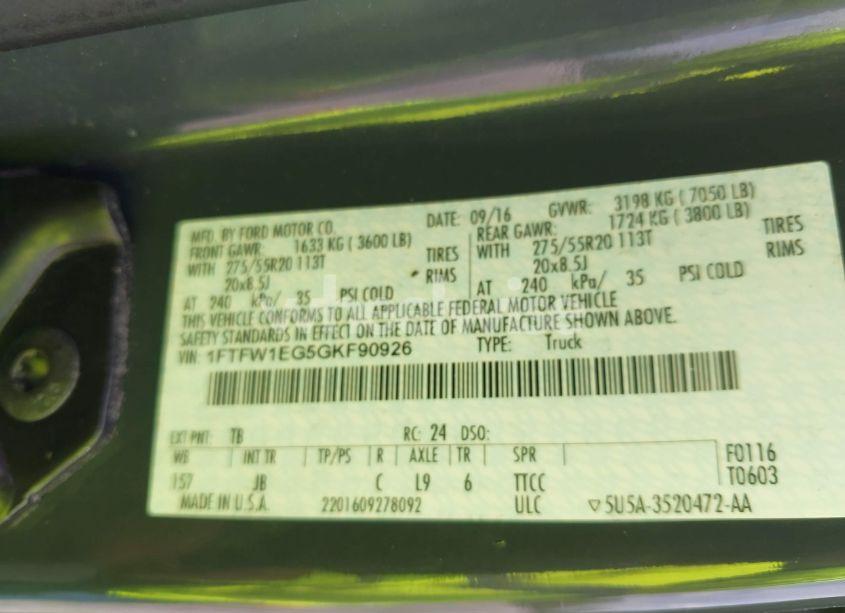 Photo 9 of 2016 Ford F-150 XLT (VIN 1FTFW1EG5GKF90926)