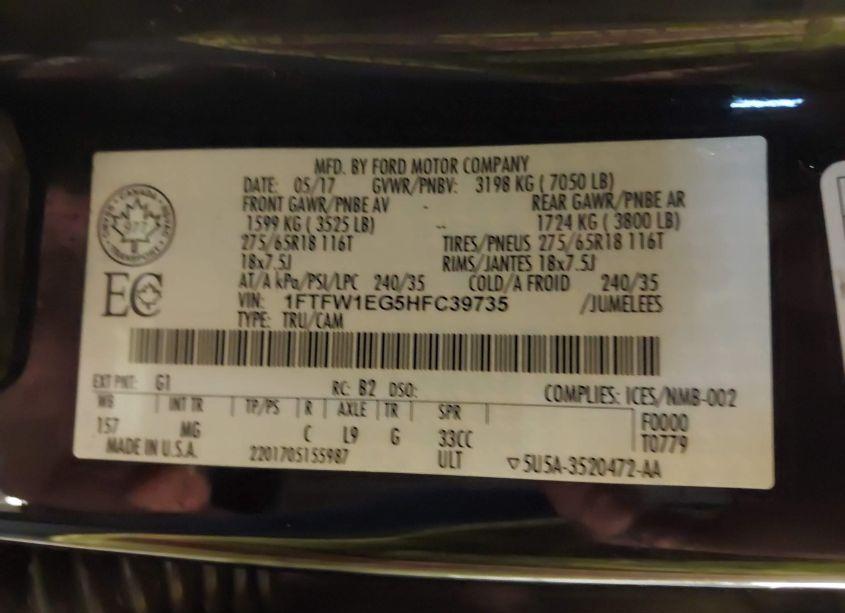 Photo 9 of 2017 Ford F-150 XLT (VIN 1FTFW1EG5HFC39735)