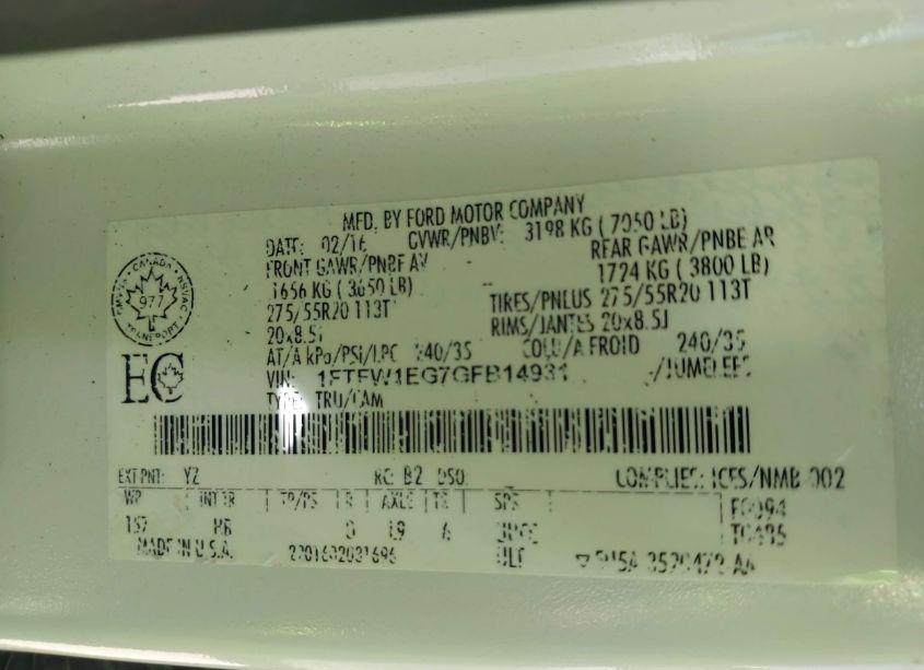 Photo 9 of 2016 Ford F-150 LARIAT (VIN 1FTFW1EG7GFB14931)