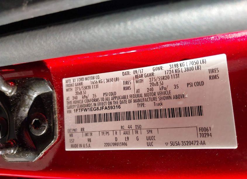 Photo 9 of 2018 Ford F-150 PLATINUM (VIN 1FTFW1EG8JFA59316)