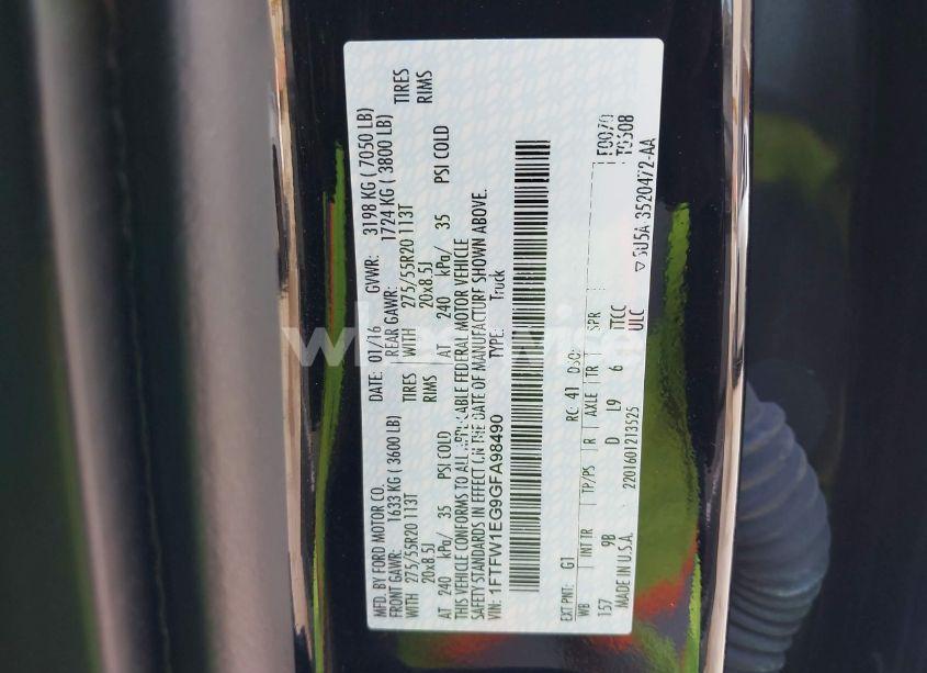 Photo 9 of 2016 Ford F-150 PLATINUM (VIN 1FTFW1EG9GFA98490)