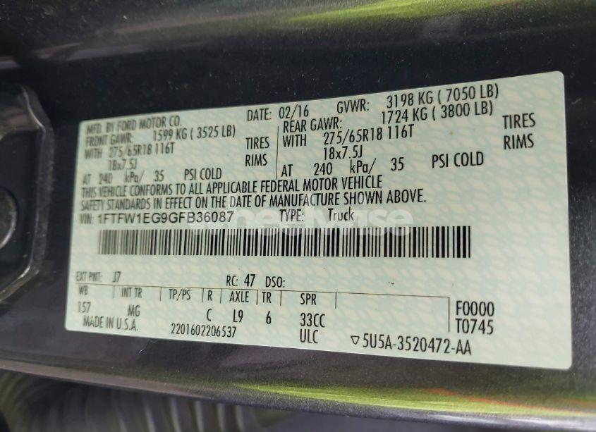 Photo 9 of 2016 Ford F-150 XLT (VIN 1FTFW1EG9GFB36087)