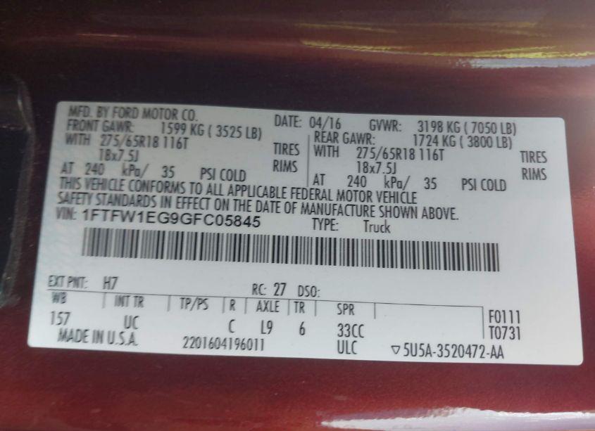 Photo 9 of 2016 Ford F-150 XLT (VIN 1FTFW1EG9GFC05845)