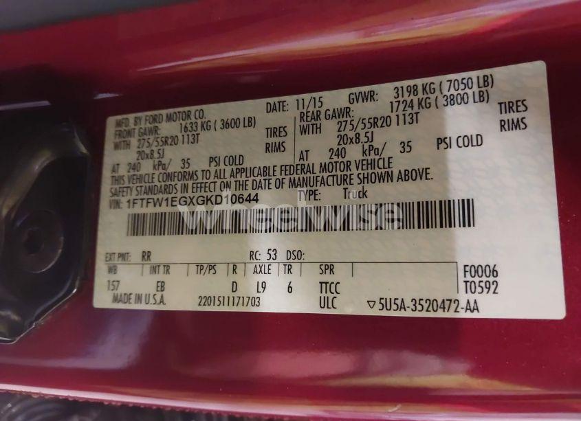 Photo 9 of 2016 Ford F-150 LARIAT (VIN 1FTFW1EGXGKD10644)