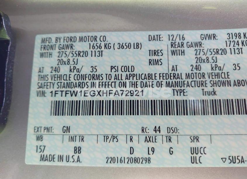 Photo 9 of 2017 Ford F-150 PLATINUM (VIN 1FTFW1EGXHFA72921)