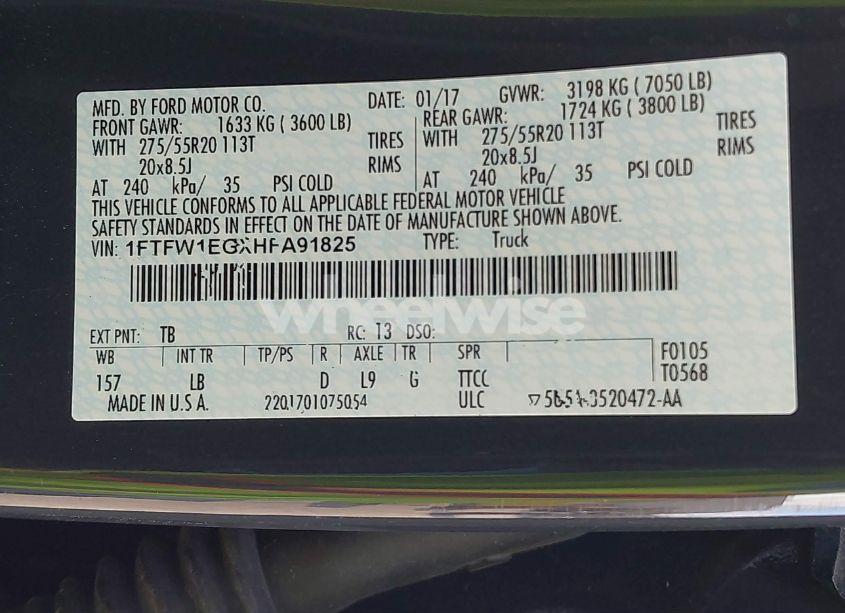 Photo 9 of 2017 Ford F-150 LARIAT (VIN 1FTFW1EGXHFA91825)