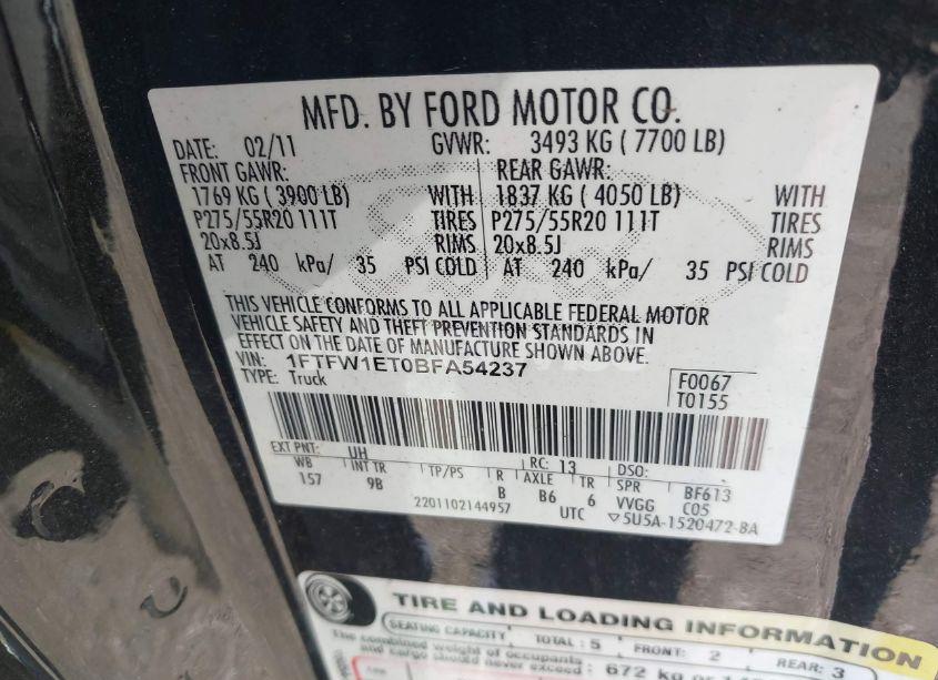 Photo 9 of 2011 Ford F-150 PLATINUM (VIN 1FTFW1ET0BFA54237)