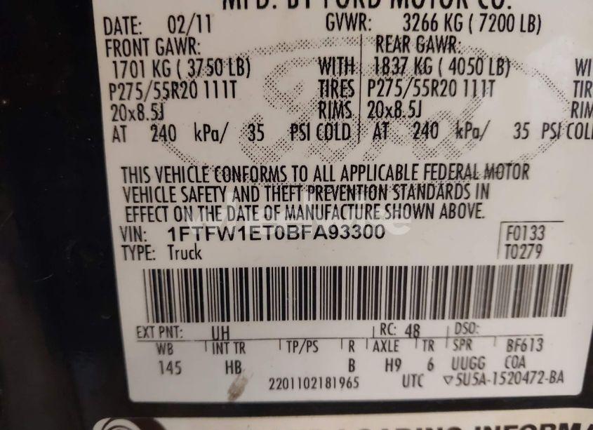 Photo 9 of 2011 Ford F-150 LARIAT (VIN 1FTFW1ET0BFA93300)