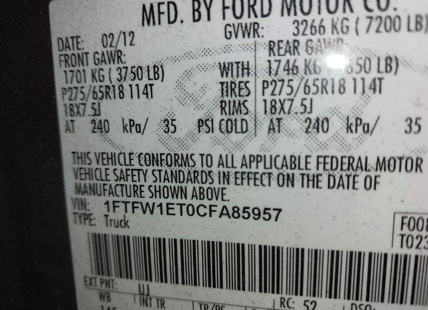 Photo 9 of 2012 Ford F-150 LARIAT (VIN 1FTFW1ET0CFA85957)