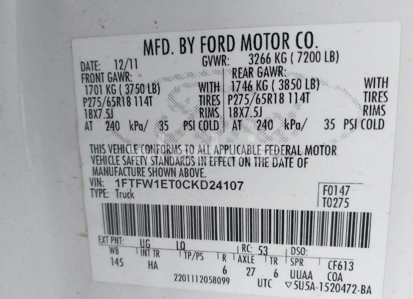 Photo 9 of 2012 Ford F-150 LARIAT (VIN 1FTFW1ET0CKD24107)