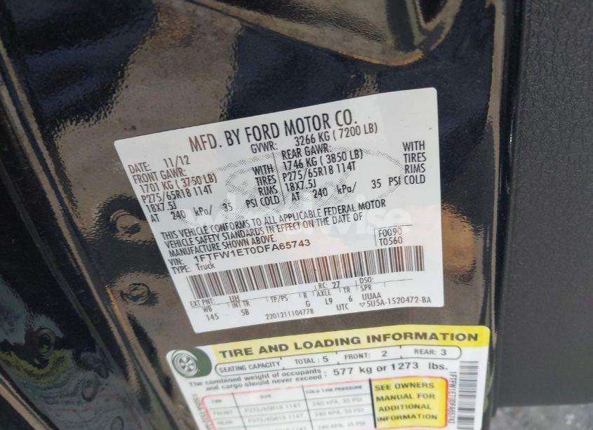 Photo 9 of 2013 Ford F-150 FX4 (VIN 1FTFW1ET0DFA65743)