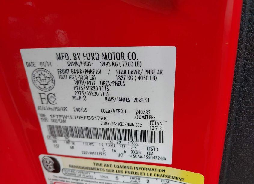 Photo 9 of 2014 Ford F-150 FX4 (VIN 1FTFW1ET0EFB51765)