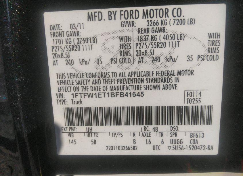 Photo 9 of 2011 Ford F-150 FX4 (VIN 1FTFW1ET1BFB41645)