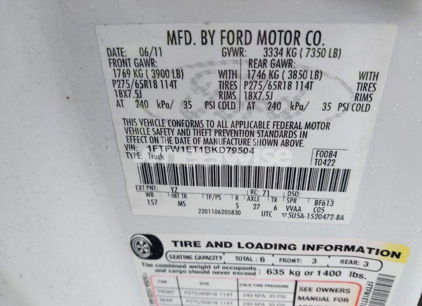 Photo 9 of 2011 Ford F-150 XLT (VIN 1FTFW1ET1BKD79504)