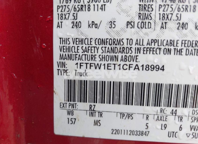 Photo 9 of 2012 Ford F-150 XLT (VIN 1FTFW1ET1CFA18994)