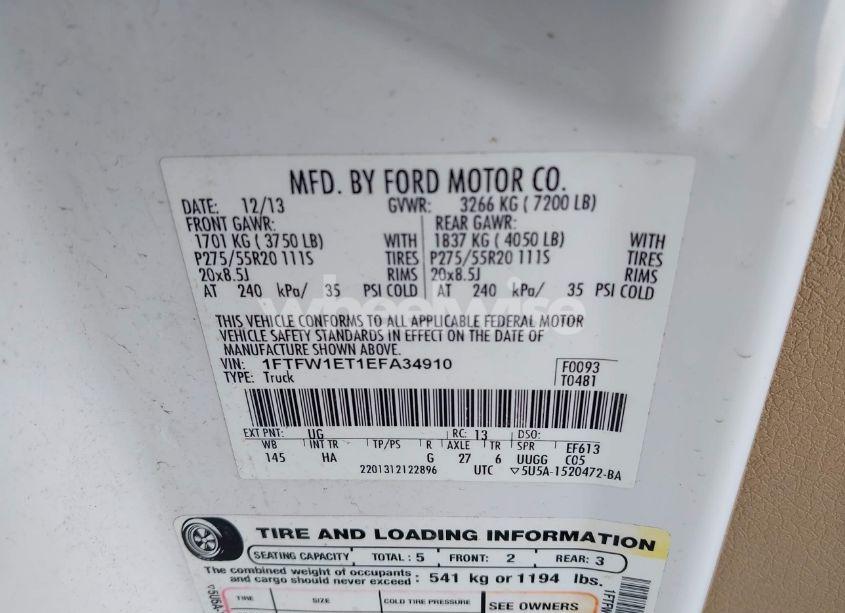 Photo 9 of 2014 Ford F-150 LARIAT (VIN 1FTFW1ET1EFA34910)