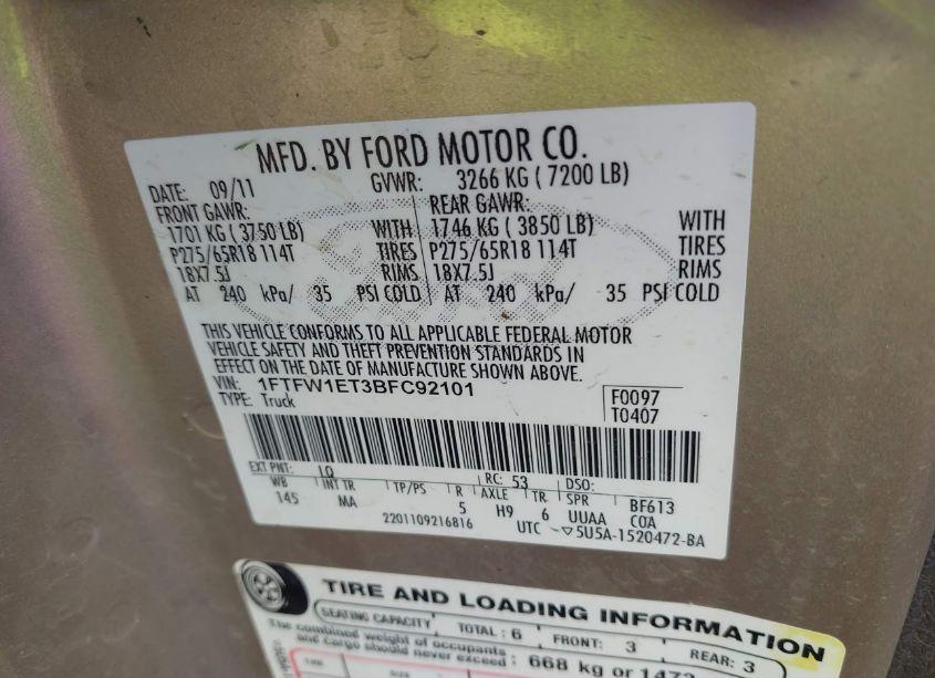 Photo 9 of 2011 Ford F-150 XLT (VIN 1FTFW1ET3BFC92101)