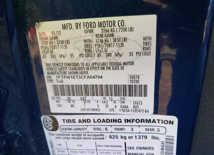 Photo 9 of 2012 Ford F-150 XLT (VIN 1FTFW1ET3CFA64794)