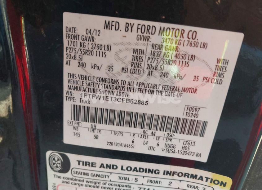 Photo 9 of 2012 Ford F-150 FX4 (VIN 1FTFW1ET3CFB62885)