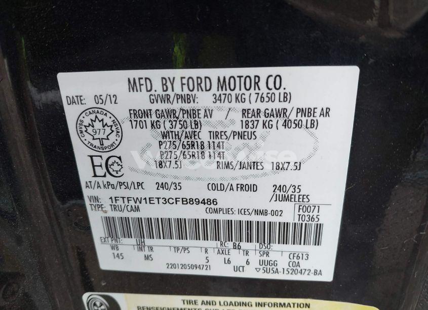 Photo 9 of 2012 Ford F-150 XLT (VIN 1FTFW1ET3CFB89486)