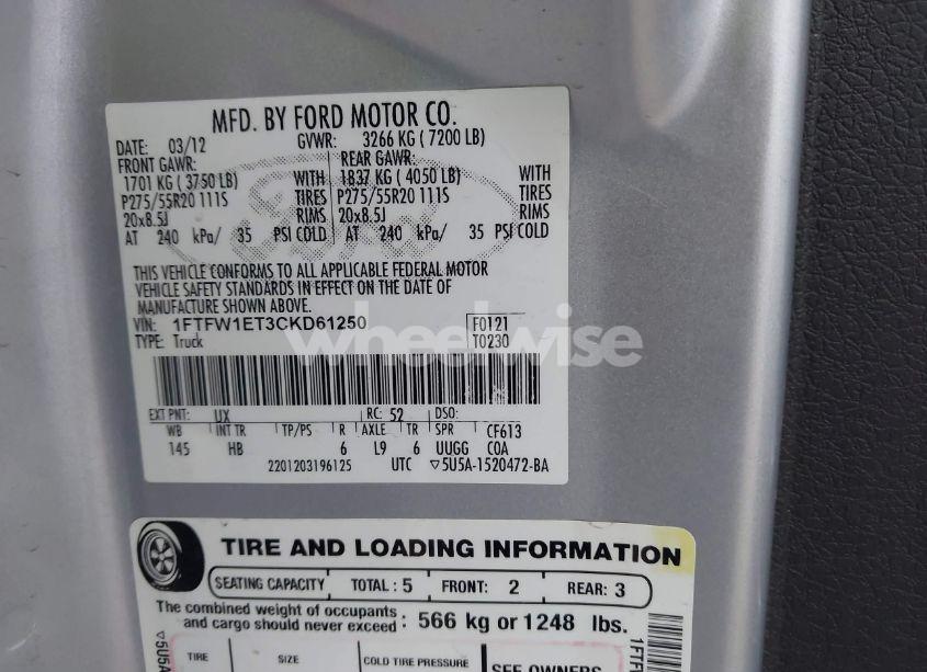 Photo 9 of 2012 Ford F-150 LARIAT (VIN 1FTFW1ET3CKD61250)