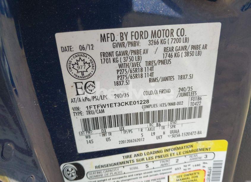 Photo 9 of 2012 Ford F-150 XLT (VIN 1FTFW1ET3CKE01228)