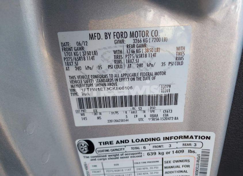 Photo 9 of 2012 Ford F-150 XLT (VIN 1FTFW1ET3CKE06106)