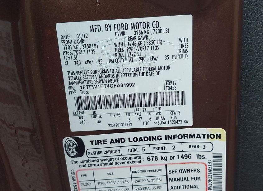 Photo 9 of 2012 Ford F-150 XLT (VIN 1FTFW1ET4CFA81992)