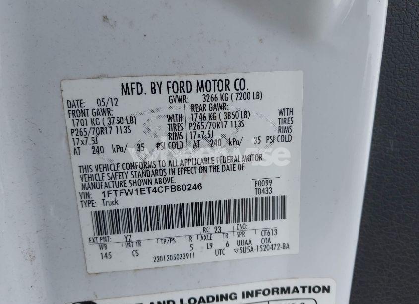 Photo 9 of 2012 Ford F-150 XL (VIN 1FTFW1ET4CFB80246)