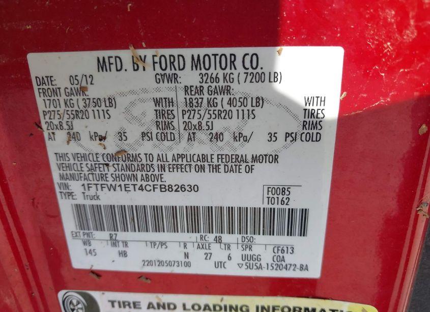 Photo 9 of 2012 Ford F-150 LARIAT (VIN 1FTFW1ET4CFB82630)