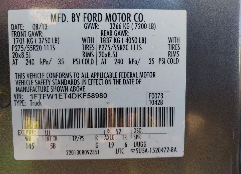 Photo 9 of 2013 Ford F-150 FX4 (VIN 1FTFW1ET4DKF58980)