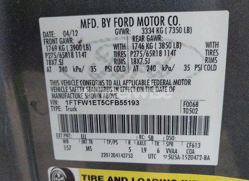 Photo 9 of 2012 Ford F-150 XLT (VIN 1FTFW1ET5CFB55193)