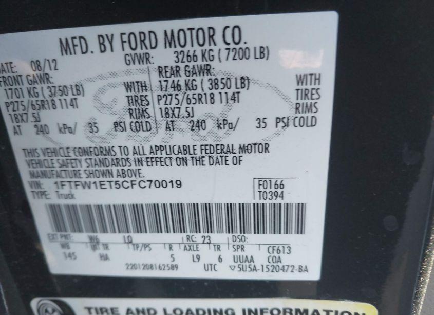 Photo 9 of 2012 Ford F-150 LARIAT (VIN 1FTFW1ET5CFC70019)