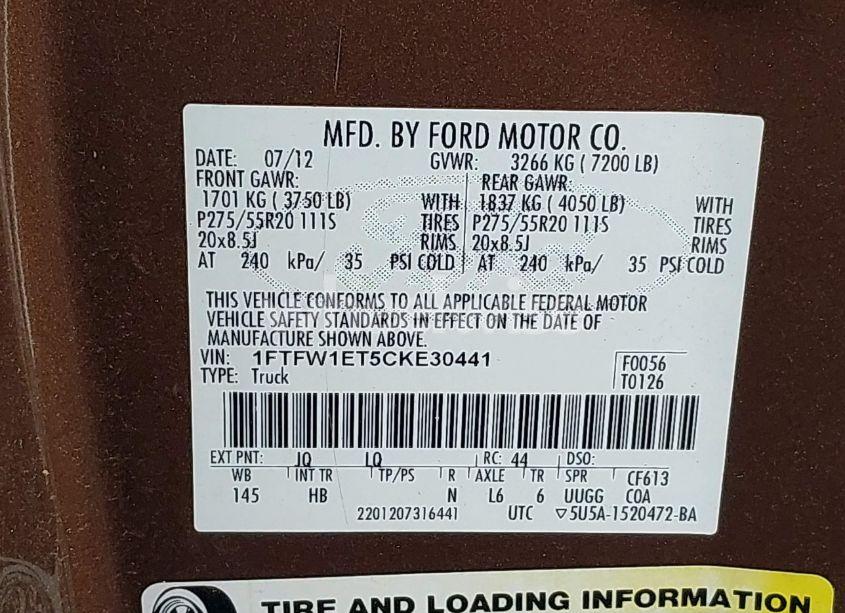 Photo 9 of 2012 Ford F-150 LARIAT (VIN 1FTFW1ET5CKE30441)