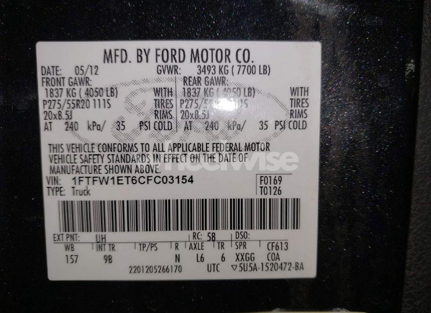Photo 9 of 2012 Ford F-150 PLATINUM (VIN 1FTFW1ET6CFC03154)