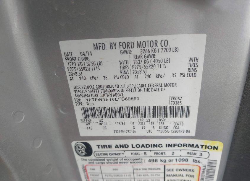 Photo 9 of 2014 Ford F-150 PLATINUM (VIN 1FTFW1ET6EFB60860)