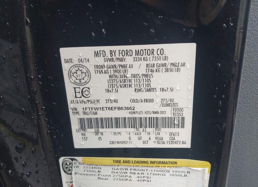 Photo 9 of 2014 Ford F-150 LARIAT (VIN 1FTFW1ET6EFB63662)