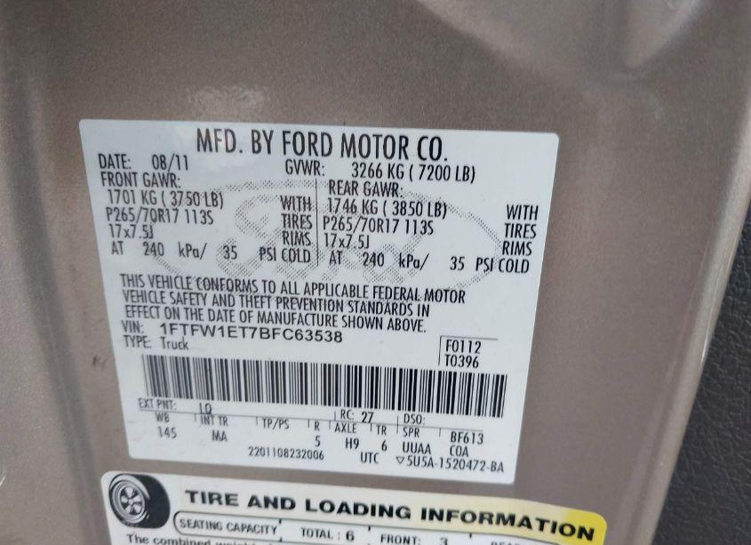 Photo 9 of 2011 Ford F-150 XLT (VIN 1FTFW1ET7BFC63538)