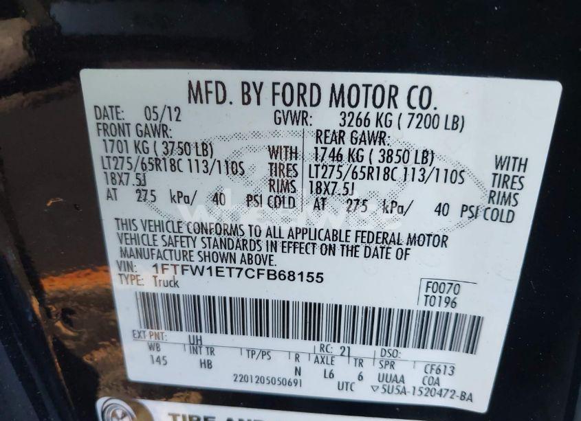 Photo 9 of 2012 Ford F-150 LARIAT (VIN 1FTFW1ET7CFB68155)