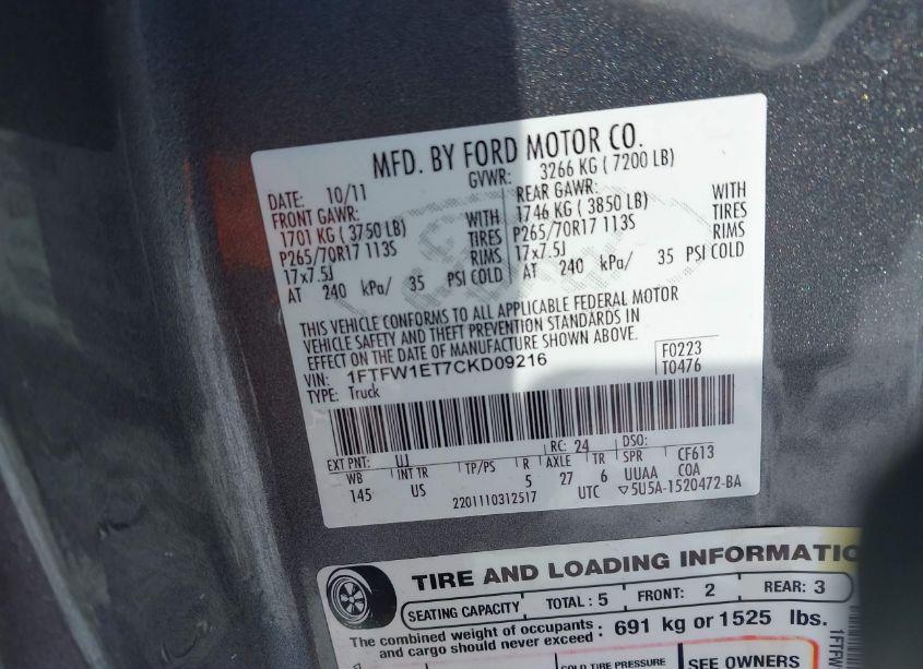 Photo 9 of 2012 Ford F-150 XLT (VIN 1FTFW1ET7CKD09216)