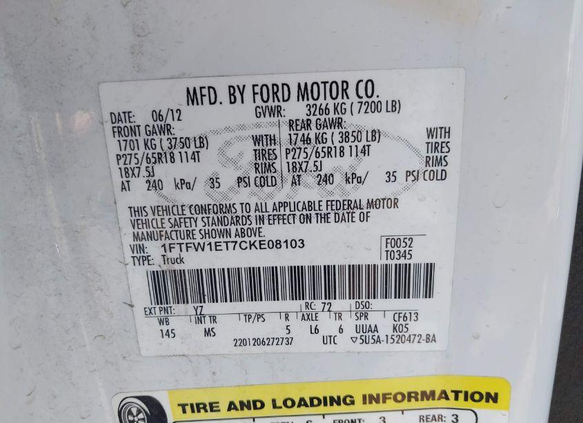 Photo 9 of 2012 Ford F-150 XLT (VIN 1FTFW1ET7CKE08103)