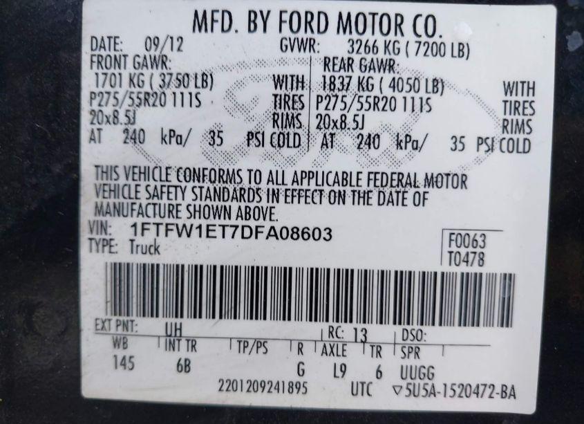 Photo 9 of 2013 Ford F-150 FX4 (VIN 1FTFW1ET7DFA08603)