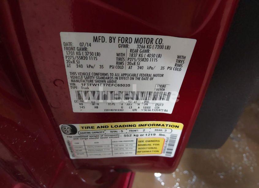 Photo 9 of 2014 Ford F-150 LARIAT (VIN 1FTFW1ET7EFC65035)