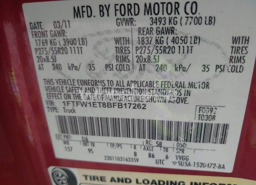 Photo 9 of 2011 Ford F-150 PLATINUM (VIN 1FTFW1ET8BFB17262)