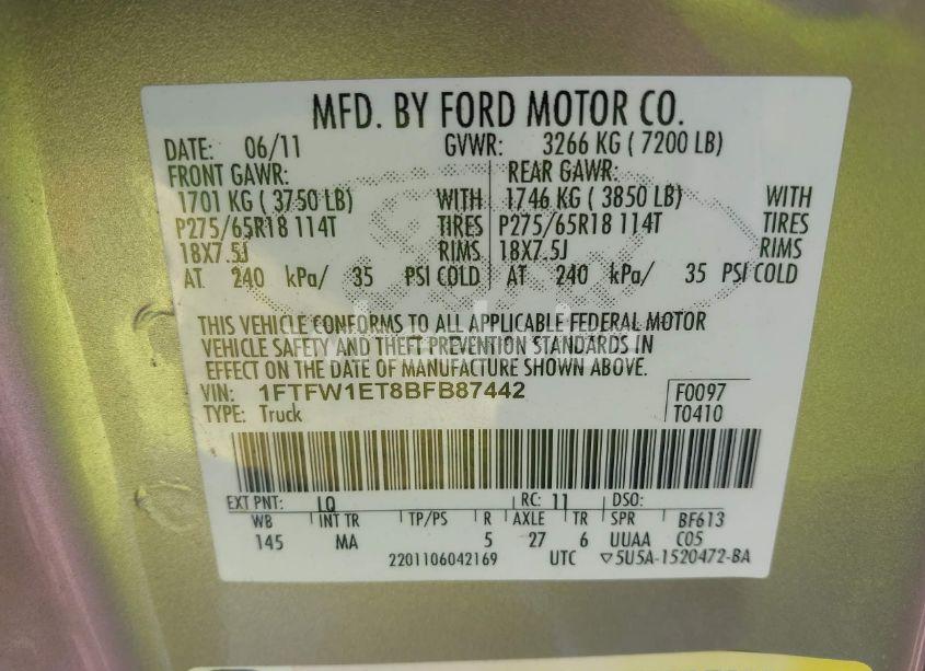 Photo 9 of 2011 Ford F-150 XLT (VIN 1FTFW1ET8BFB87442)