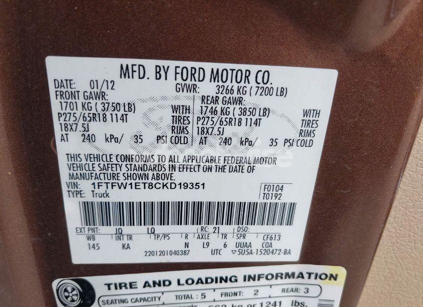 Photo 9 of 2012 Ford F-150 KING RANCH (VIN 1FTFW1ET8CKD19351)