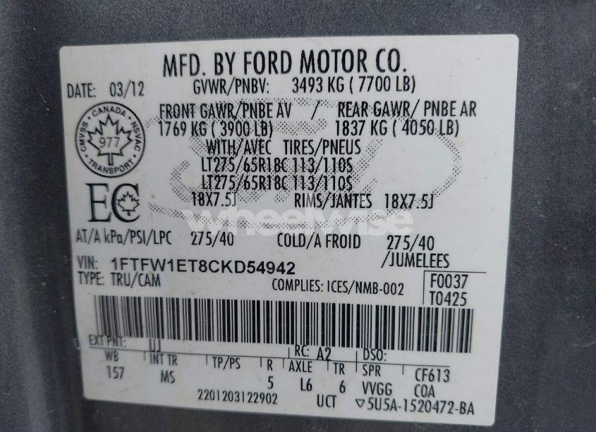 Photo 9 of 2012 Ford F-150 XLT (VIN 1FTFW1ET8CKD54942)