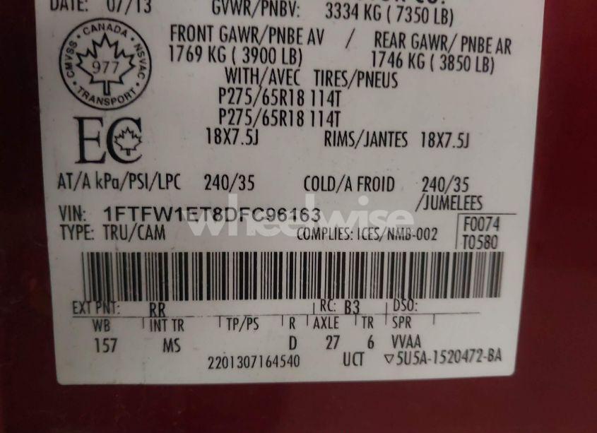 Photo 9 of 2013 Ford F-150 XLT (VIN 1FTFW1ET8DFC96163)