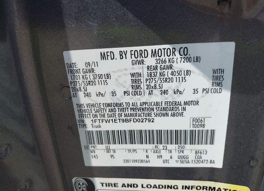 Photo 9 of 2011 Ford F-150 PLATINUM (VIN 1FTFW1ET9BFD02792)