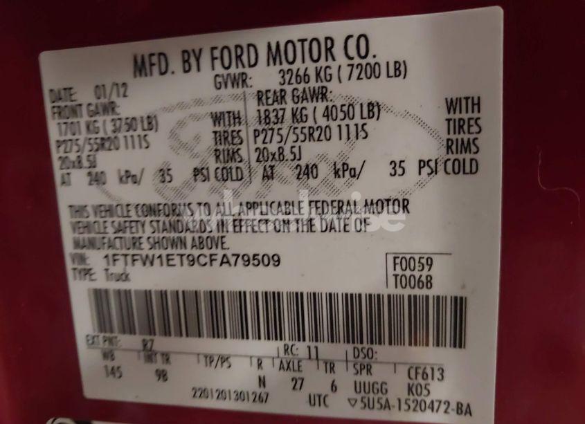 Photo 9 of 2012 Ford F-150 PLATINUM (VIN 1FTFW1ET9CFA79509)